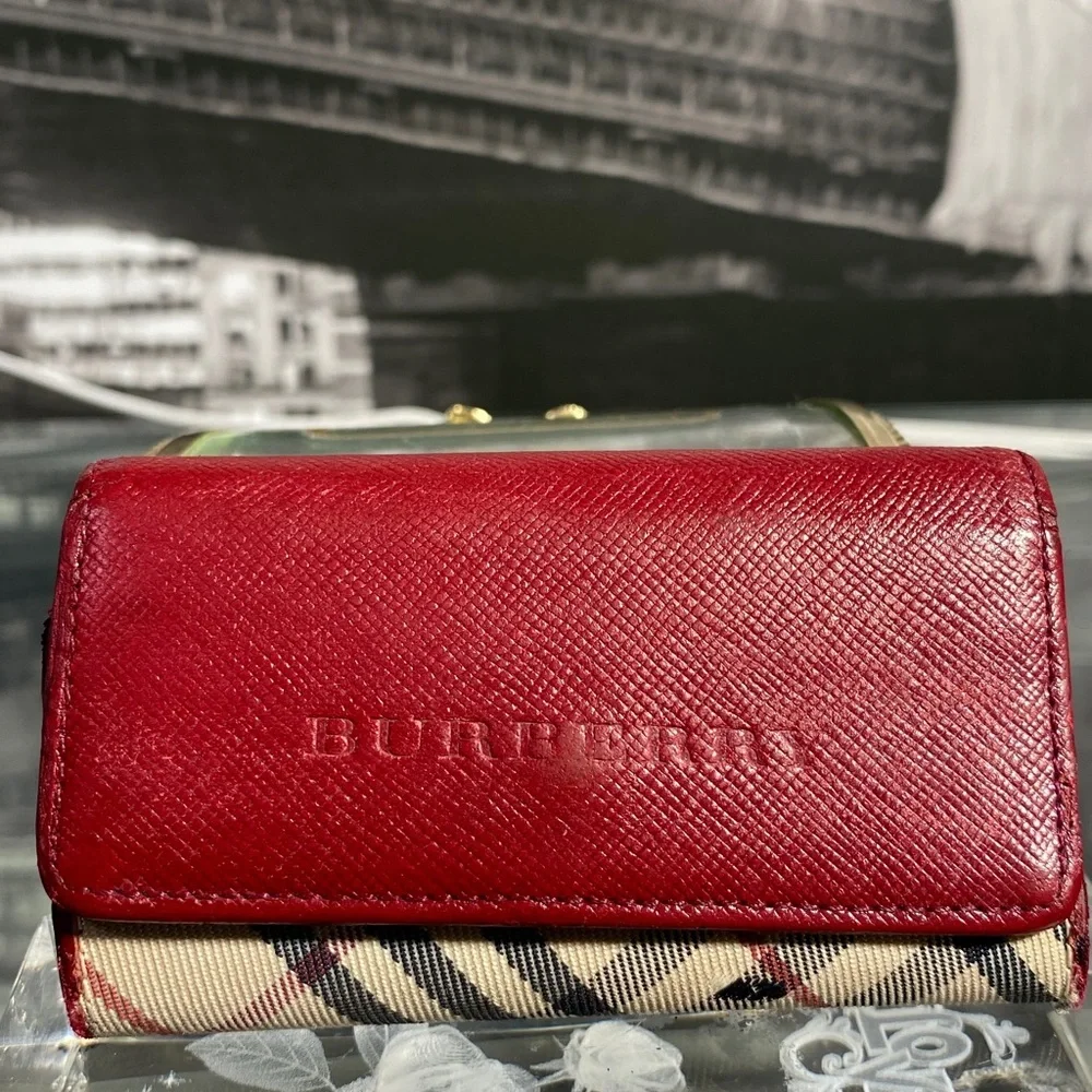 Authentic Rare Burberry Red Leather Nova Check Key Case